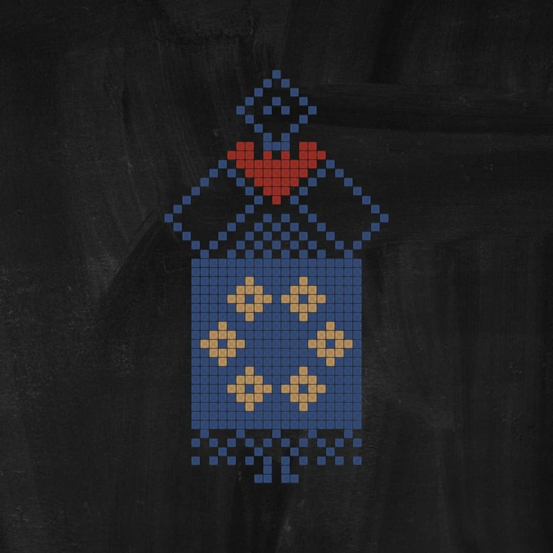 A blue panel with a gold spring wreath, four flowers set in a ring, a red heart stitched above it