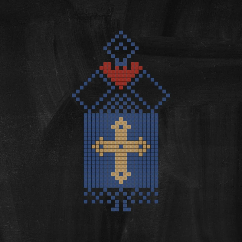 A blue panel with a gold cross, a red heart stitched above it
