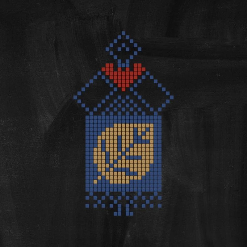A blue panel with a gold leaf, a red heart stitched above it