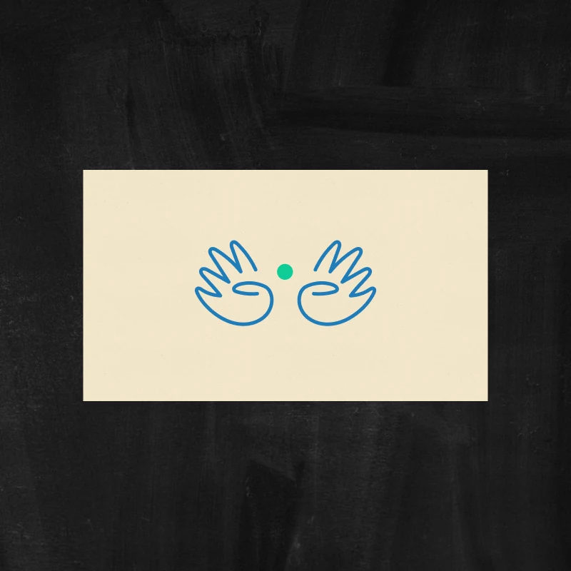 The mark on its own: two open hands facing each other in a single blue line, a green dot in the gap
