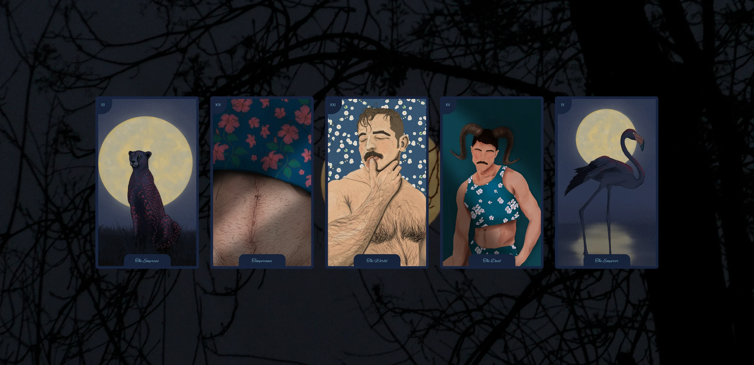 Five cards from the deck against bare branches at night - a leopard, a scar, a man with a finger at his lips, a horned figure, and a flamingo
