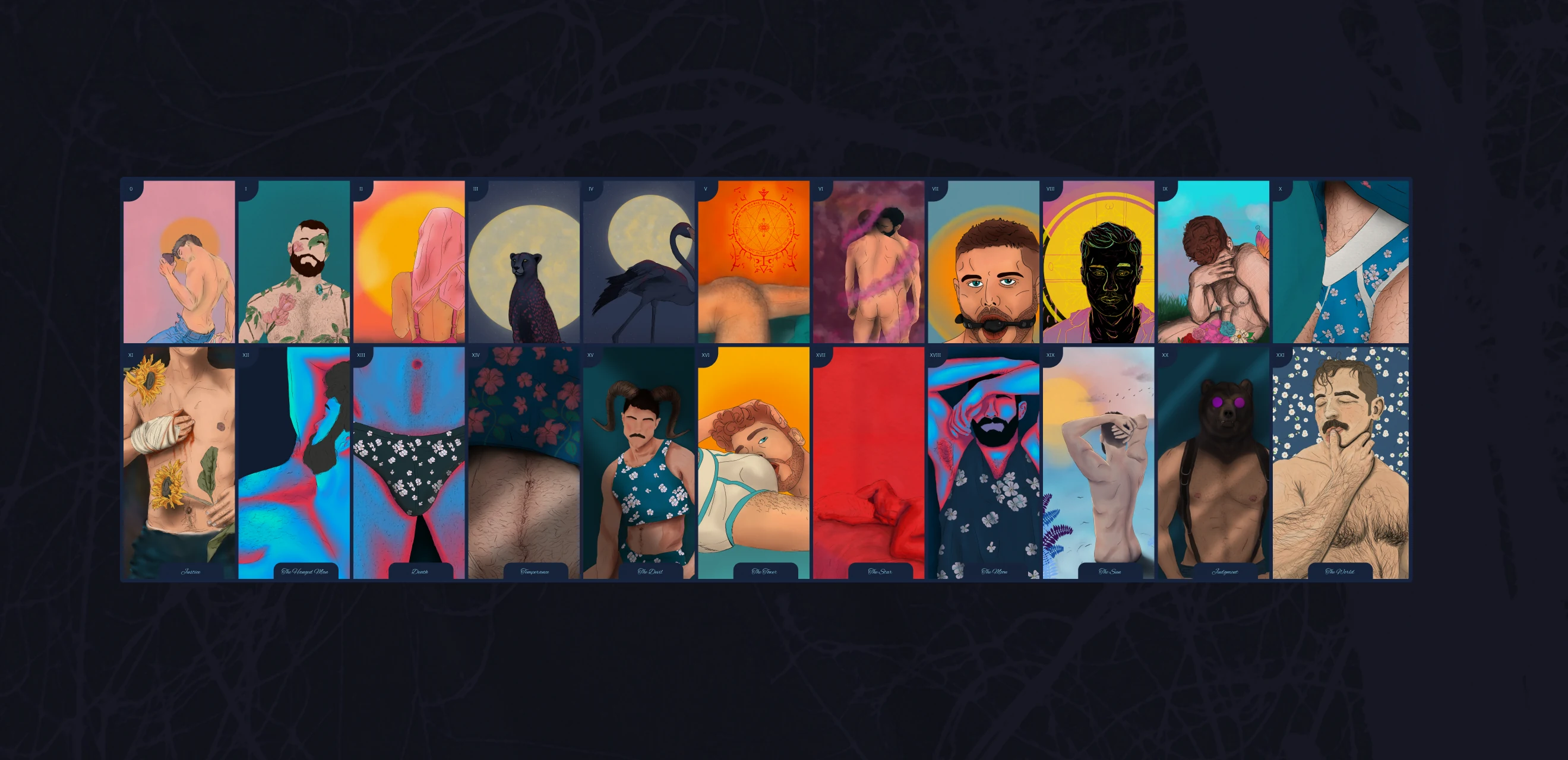 The whole major arcana, twenty-two cards laid out in two rows