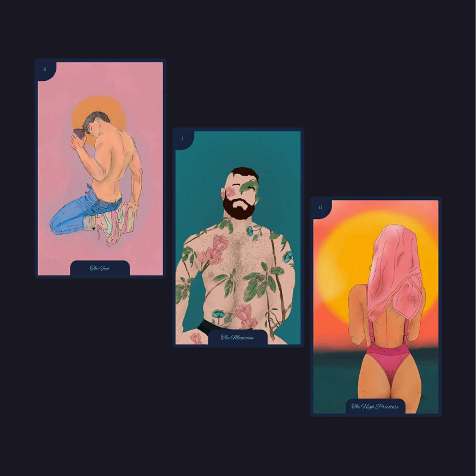 The Fool, The Magician and The High Priestess - a kneeling figure on pink, a bearded man with magnolias growing across his chest, and a woman in a pink towel against a setting sun