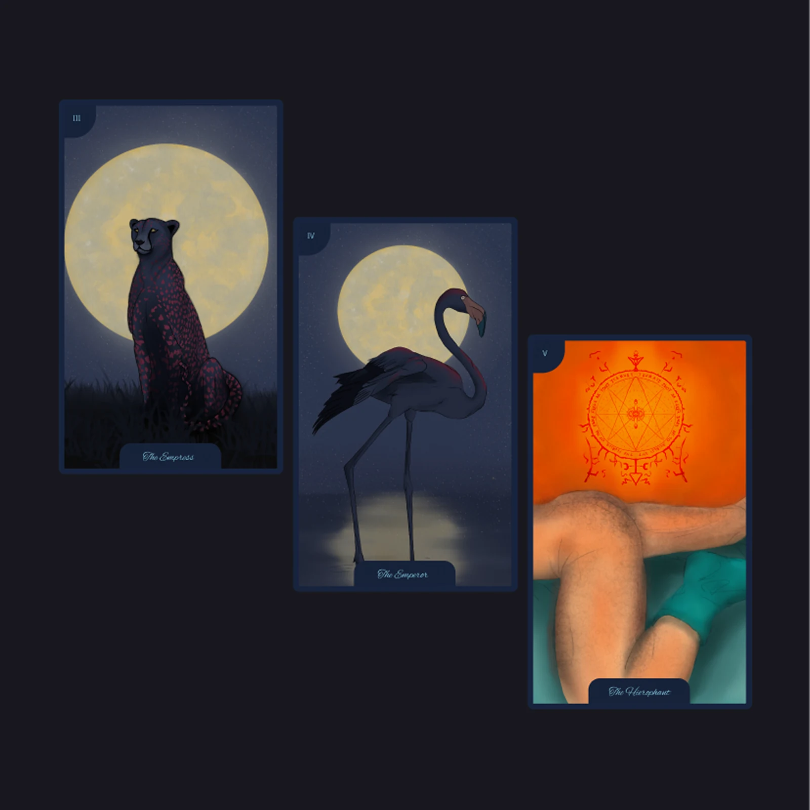 The Empress, The Emperor and The Hierophant - a leopard and a flamingo against a full moon, and two bodies lying together under an occult seal