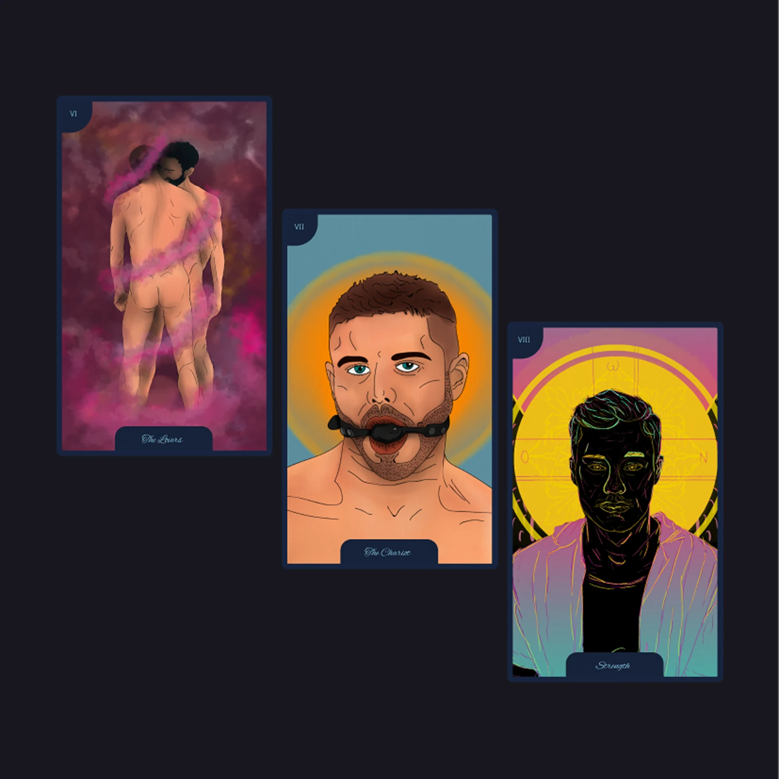 The Lovers, The Chariot and Strength - two figures in pink smoke, a man in a ball gag against a gold halo, and a face lit in neon over a zodiac wheel