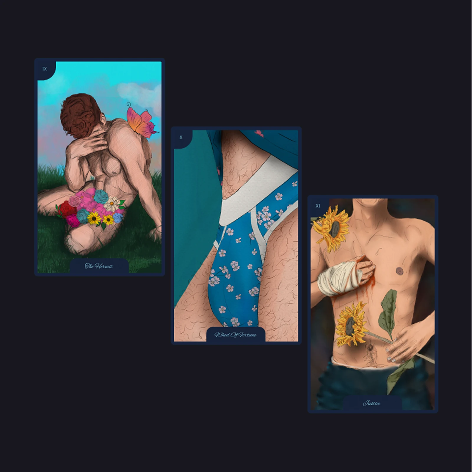 The Hermit, Wheel Of Fortune and Justice - a man curled in the grass with flowers growing out of him, a close crop of floral briefs, and a torso with sunflowers and a bandaged arm