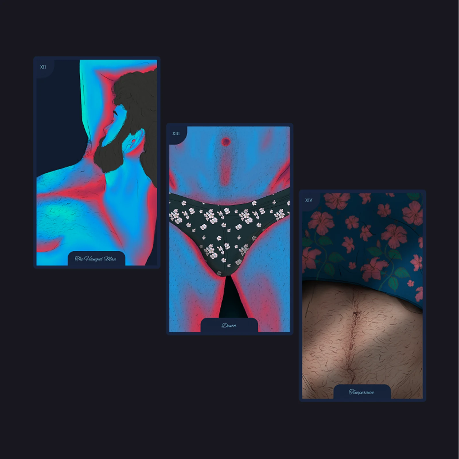 The Hanged Man, Death and Temperance - all three lit in hot pink and cyan, cropped close to a neck, a waist and a stomach