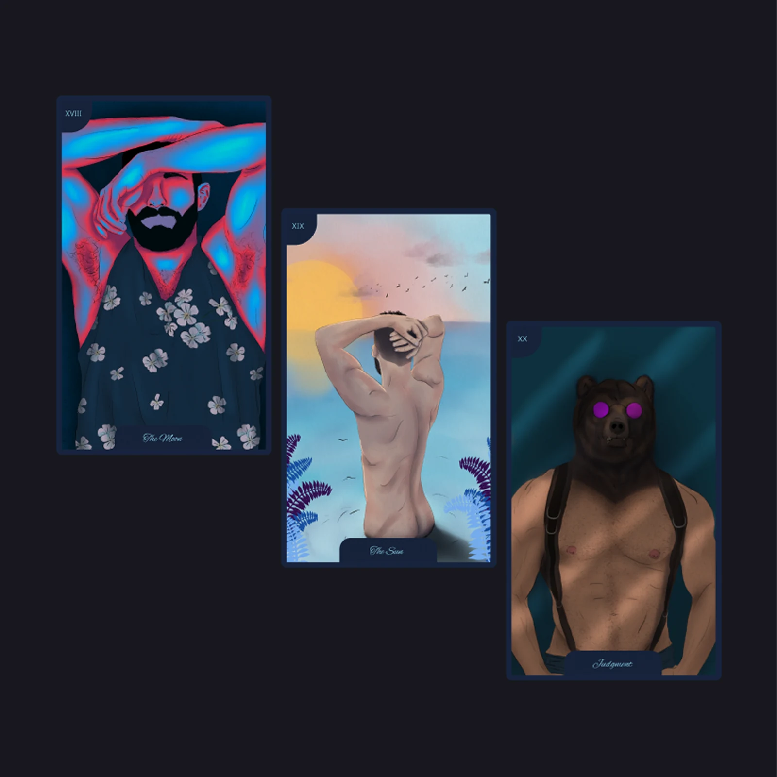 The Moon, The Sun and Judgement - a man in a floral shirt in pink and blue light, a figure stretching against a rising sun, and a man wearing a bear head with glowing eyes