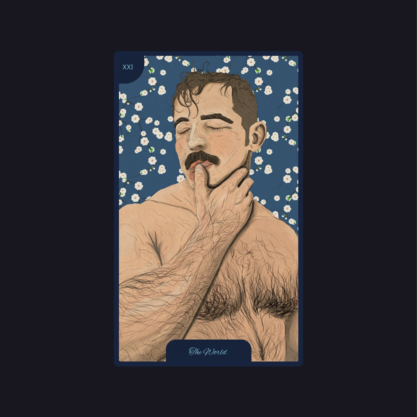 The World - a moustached man with his eyes closed and a finger at his lips, against a field of small white flowers